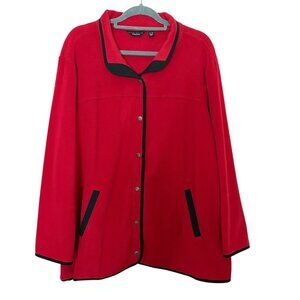 Susan Graver Weekend 3X Red Fleece Snap-Front Jacket Black Trimmed Collar Pocket